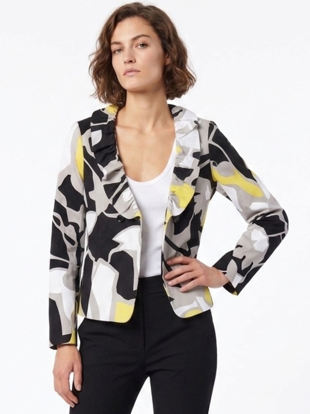Sandro Sportswear Black Yellow Abstract Ruffled Blazer Size M